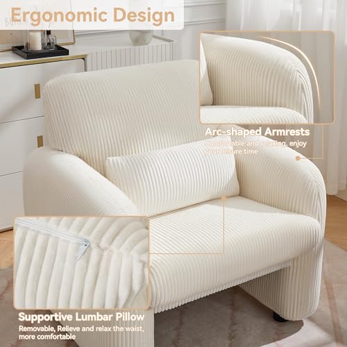 Corduroy Fabric Accent Chair, Modern Upholstered Living Room Chairs with Lumbar Pillow, Wide Comfy Leisure Armchair for Bedroom, Office, Reading, White