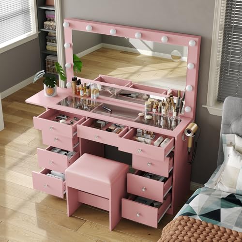 Vanity Desk with Power Outlet, Makeup Vanity with Lighted Mirror, 3 Lighting Modes Adjustable, 9 Drawers Vanity Table with Chair with Fold-up Panel, Glass Top, Dressing Table for Bedroom, Pink