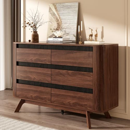 Fluted 6 Drawer Dresser for Bedroom, 47W x 31H, Modern Walnut Brown, view 2