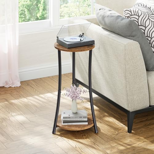 Round Side Table, 2 Tiers End Table for Living Room with Storage Shelf, Slim Sofa Table Set of 2, Rustic Brown