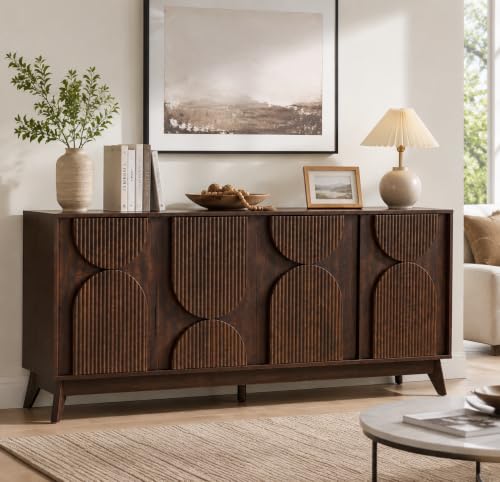 63 Inch Mid Century Modern Fluted Sideboard Buffet Cabinet Dark Walnut, view 7