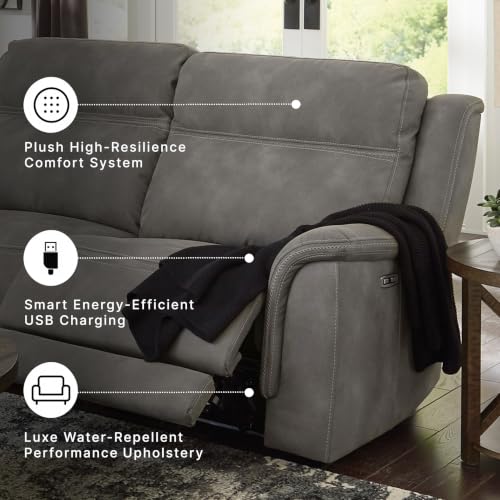 Signature Design by Ashley Next-Gen DuraPella Power Reclining Sofa, USB, Extended Ottoman, Water Repellent Faux Leather, 80" W x 42" D x 42" H, Slate Gray