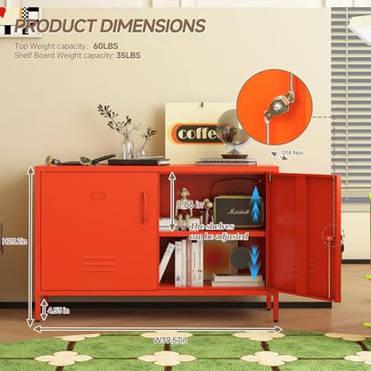 25.2" H Metal Locker Storage Cabinet with 2 Locks, Steel Low Lockerable Orange TV Stand with Adjustable Shelves, 2 Door Metal Accent Buffet Cabinet for Bathroom Kitchen Living Room Office
