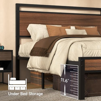 Queen Metal Bed Frame&Wooden Headboard&Footboard,No Box Spring,Walnut, view 7