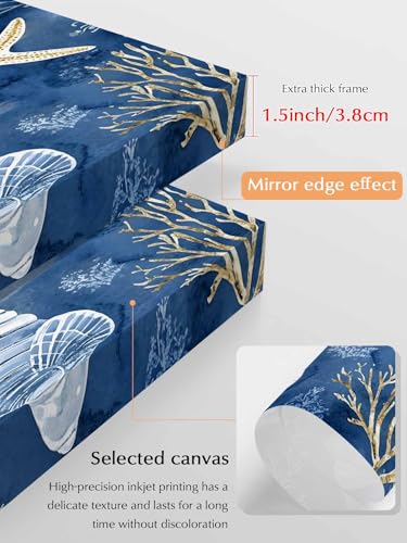 NuYeBiofx Ocean Starfish Seashell Waves Coral Canvas Wall Art Prints,48"x32" Framed Picture Artwork Navy Blue Printed Canvas Oil Painting for Living Room Bedroom Office,Ready to Hang