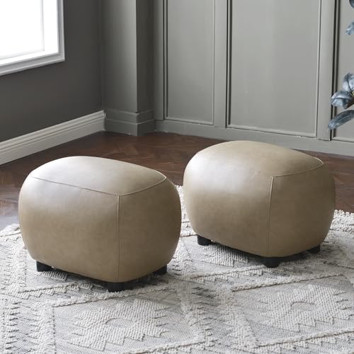 23" Wide Faux Leather Upholstered Ottoman Set of 2, Mid-Century Modern Living Room Footrest with Soft Padded Seat, Footstool for Bedroom, Entryway or Living Room, Khaki