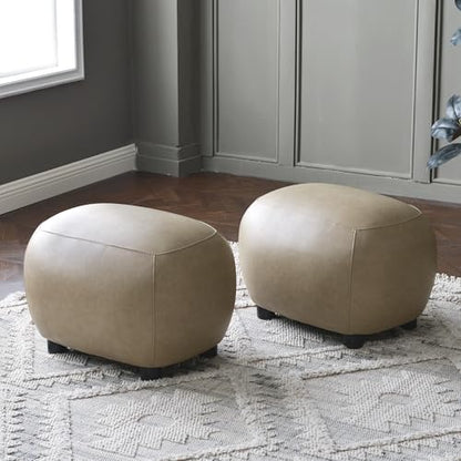23" Wide Faux Leather Upholstered Ottoman Set of 2, Mid-Century Modern Living Room Footrest with Soft Padded Seat, Footstool for Bedroom, Entryway or Living Room, Khaki