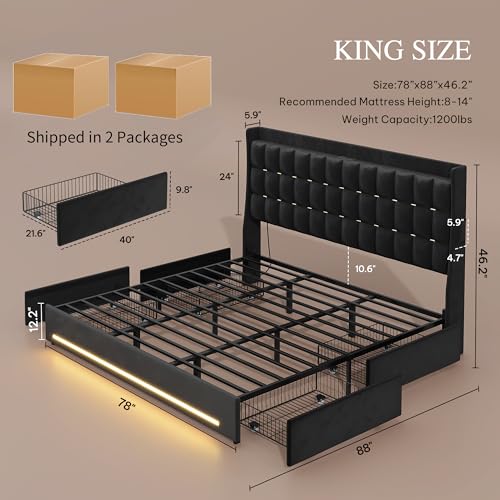 King Size Bed Frame with 4 Drawers, RGB LED Light, Charge Station, view 3