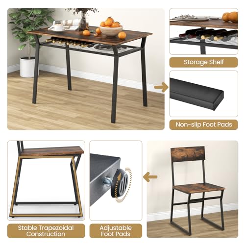Dining Table Set for 4, Kitchen Table and Chairs for 4 with Storage Rack, Space-Saving Dinette Set for Kitchen Dining Room (Rustic Brown)