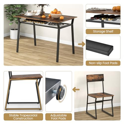 Dining Table Set for 4, Kitchen Table and Chairs for 4 with Storage Rack, Space-Saving Dinette Set for Kitchen Dining Room (Rustic Brown)