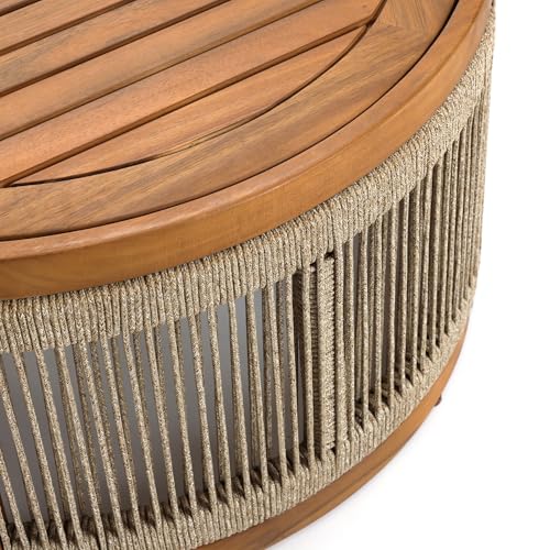 LuxenHome Outdoor Coffee Table, 31'' Acacia Wood Rope Drum Round Sides Patio Tables, Modern Farmhouse Garden Coffee Table, Outdoor Furniture for Porch, Balcony, Outside Furniture