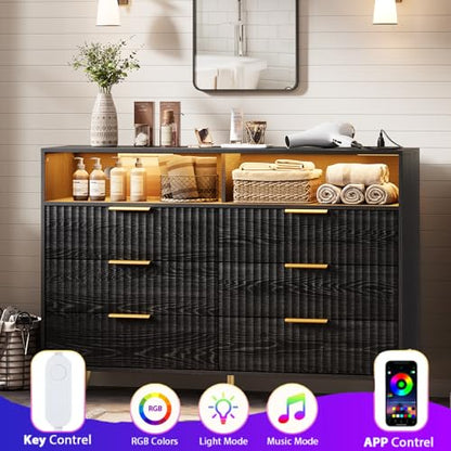 Fluted Dresser for Bedroom (Black, 53.9"W x 15.5"D x 37.8"H(6 Drawers)), view 4