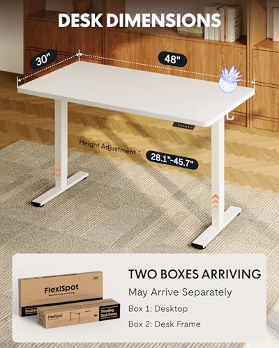 FLEXISPOT EN1 One-Piece Standing Desk with 1-Inch Thick Seamless Desktop, 48"x30" Electric Height Adjustable Desk for Home Office, Multi-Monitor Setups & Easy Assembly, White