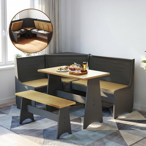 3-5 People Breakfast Nook Set, L-Shaped Corner Dining Table with Bench, Hidden Storage Space Saving Convertible for Family Home Black Wood