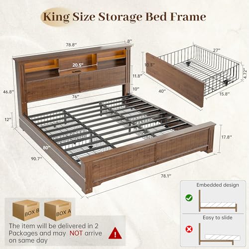King Bed Frame with 4 Storage Drawers and Headboard Shelf,Brown, view 3