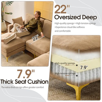 100" W U Shaped Couch with Ottoman, 22" Deep Seat Comfortable Sectional Couches for Living Room, 3 Seater Chenille Fabric Cloud Sofa for Apartment, Small Spaces, Bedroom, Khaki