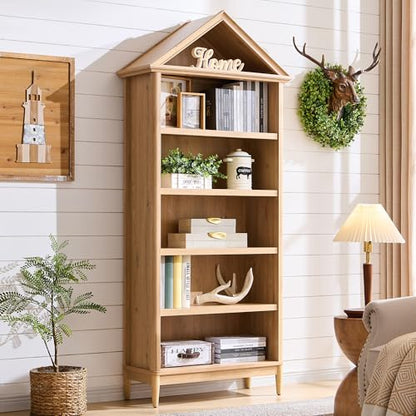 75.9" Tall Farmhouse Bookcase, Angle Arched 5 Tiers Large Bookshelf with Adjustable Shelves, Modern Wooden Geometric Book Shelf w/Storage and Open Display Shelves for Living Room, Office-Natural