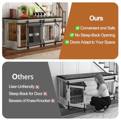 62" Farmhouse Dog Crate Furniture for 2 Large Dogs, Antique White, view 6