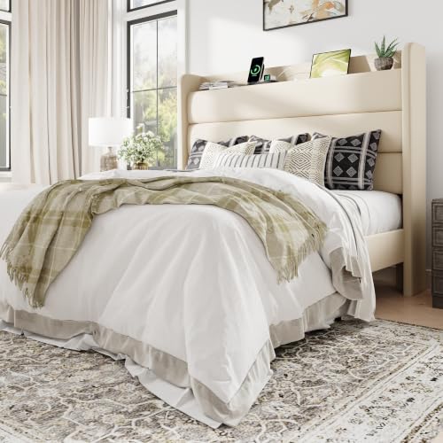 Queen Size Upholstered Bed Frame with Charging Station, Cream, view 2
