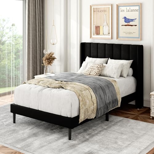 Twin Size Bed Frame with Upholstered Wingback Headboard, view 4