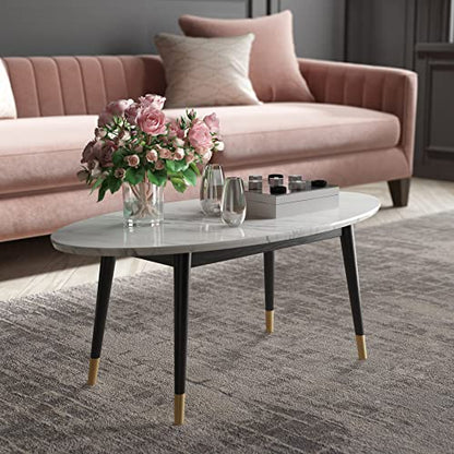 Clemintine Mid-Century Modern Living Room Furniture Collection, Oval Coffee Table, White Marble Print