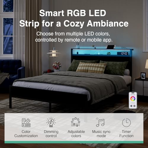 Full Bed Frame with LED Lights and Charging Station, view 6