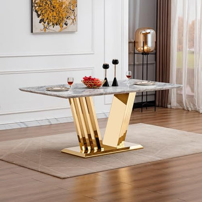 Marble Dining Table for 6 People, 70'' Rectangle Faux Marble Dining Table with Mirrored Stainless Steel Base, Large Size Marble Kitchen Table (Gold,Grey)(only Table)