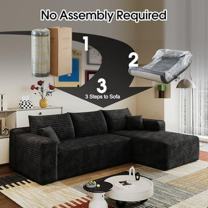 96” L - Shape Boneless Modular Sectional Cloud Couch with Chaise - Modern Comfy Corduroy Compressed couches for Living Room - Memory Foam Sofa, No Assembly Required (Black)