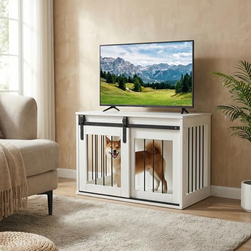 Farmhouse Wooden Dog Crate Furniture with Sliding Barn Door, view 3