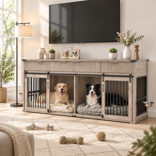71" Double Dog Crate Furniture, Gray Oak Furniture Crate with Divider, view 2