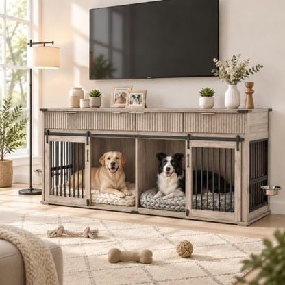 71" Double Dog Crate Furniture, Gray Oak Furniture Crate with Divider, view 2