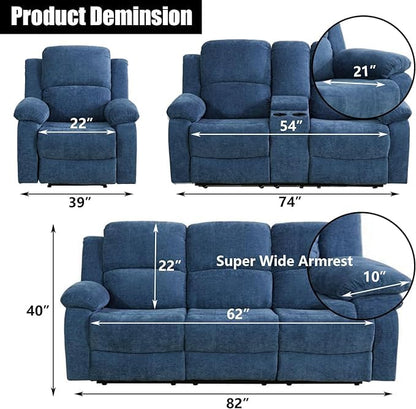 Modern Recliner Sofa Couch Set, 80" Wide, Blue, Vegan Leather/Fabric, 6-Seater, Sectional, Reclining, Easy Assembly
