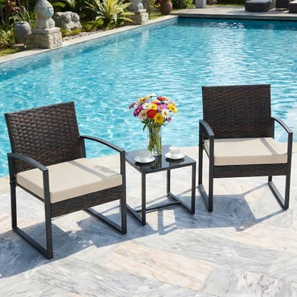 3 Pieces Patio Furniture Set, Outdoor Rattan Bistro Set with Coffee Table, Durable Steel Frame with Strapped Cushions for Garden, Balcony, Poolside, Backyard