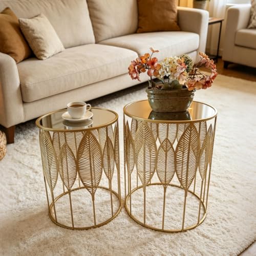 Gold Nesting Tables Set of 2, Glam Leaf Design Round End Table with Stainless Steel Top for Living Room & Bedroom, No Assembly Required