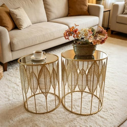 Gold Nesting Tables Set of 2, Glam Leaf Design Round End Table with Stainless Steel Top for Living Room & Bedroom, No Assembly Required