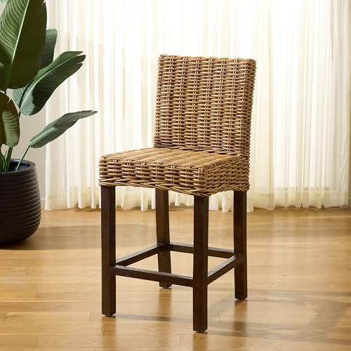 SAFAVIEH Furniture - Tobie Rattan Counter Stool - 23.62" Seat Height - White-Washed - Mango Wood - Coastal Rattan-Seat Design - Ideal for Kitchen, Bar Area, Dining Room - Fully Assembled (BST6501C)