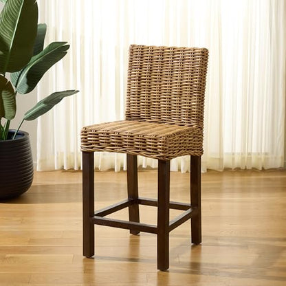 SAFAVIEH Furniture - Tobie Rattan Counter Stool - 23.62" Seat Height - White-Washed - Mango Wood - Coastal Rattan-Seat Design - Ideal for Kitchen, Bar Area, Dining Room - Fully Assembled (BST6501C)