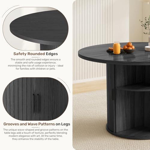 Miereirl Modern 5-Piece Dining Set for 4，47.24" Round Wooden Table with Semi-Open Storage Rack & Siding Door, Paired wth High-End Fabric Chairs -Warm Home Dining Room Combination