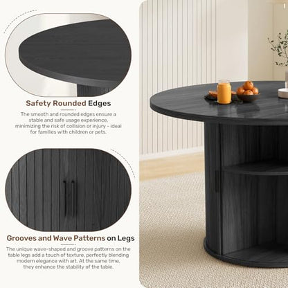Miereirl Modern 5-Piece Dining Set for 4，47.24" Round Wooden Table with Semi-Open Storage Rack & Siding Door, Paired wth High-End Fabric Chairs -Warm Home Dining Room Combination