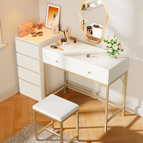 35.4" White and Gold Desk with 2 Drawers, Modern Makeup Vanity, view 5