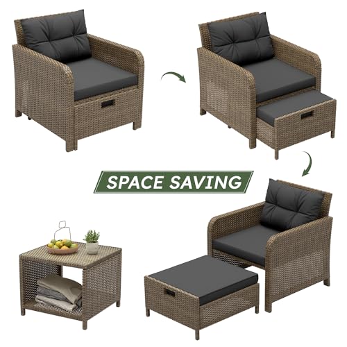 Balcony Furniture 5 Pieces Patio Set, Hand-Woven Rattan Patio Conversation Set with Soft Cushions & Coffee Table, Outdoor Chairs with Hidden Ottoman for Porch, Lawn, Garden, Balcony, Black