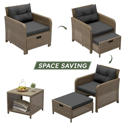 Balcony Furniture 5 Pieces Patio Set, Hand-Woven Rattan Patio Conversation Set with Soft Cushions & Coffee Table, Outdoor Chairs with Hidden Ottoman for Porch, Lawn, Garden, Balcony, Black