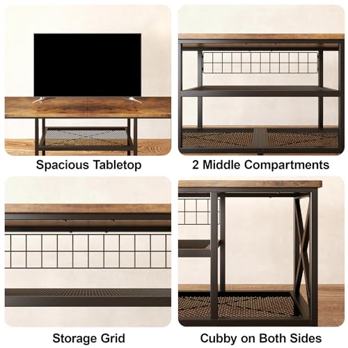 59.8" Industrial TV Stand for 55-65 Inch TVs, Rustic Brown, 3-Tier Media Entertainment Center with Open Shelves, Metal Frame, Sofa Table for Living Room, Bedroom, Office