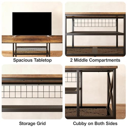 59.8" Industrial TV Stand for 55-65 Inch TVs, Rustic Brown, 3-Tier Media Entertainment Center with Open Shelves, Metal Frame, Sofa Table for Living Room, Bedroom, Office