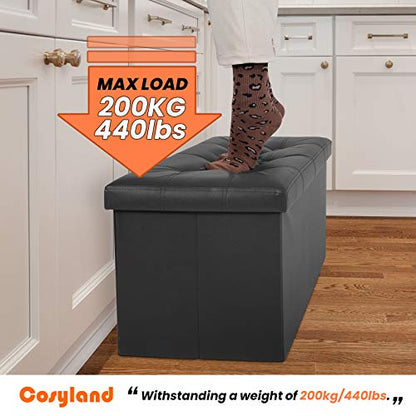 Ottoman Bench with Storage - 30x15x15in Folding Leather Ottoman, Rectangle Foot Stool Foldable Storage Chest Footrest Footstool Collapsible with Lid for Bedroom Living Room Pure Black