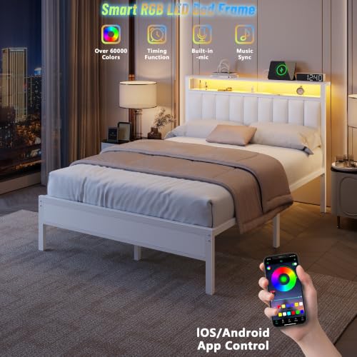 White Full Size Bed Frame with Charging Station & LED Lights, view 4