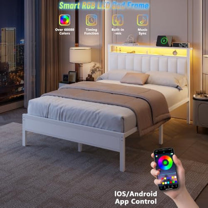 White Full Size Bed Frame with Charging Station & LED Lights, view 4