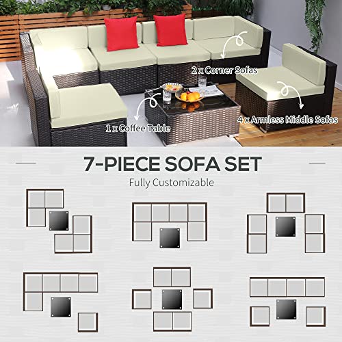 7 Piece Patio Furniture Set, Wicker Outdoor Sectional Sofa Set, All Weather PE Rattan Outdoor Furniture Conversation Sets with Cushions, Glass Top Coffee Table, Pillows, Cream White