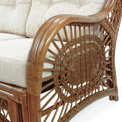 Malibu Lounge Set of 4: 2 Natural Rattan Wicker Chairs, Three-Seater Sofa with Cushions, and Coffee Table with Glass Handmade, Colonial Color