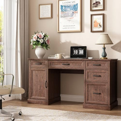 58'' Farmhouse Executive Desk with Drawers, Home Office Desk with File Drawer and Storage Cabinet, Rustic Computer Desk for Working, Studying, Writing, Brown
